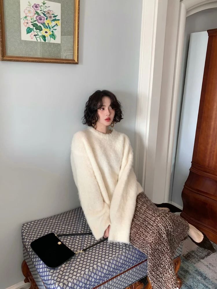 

Winter Thiened Lazy Sle round Ne Loose Women's Sweater Faux Fur Feel V-Ne Long Sve Warm Heated Polyester Fiber