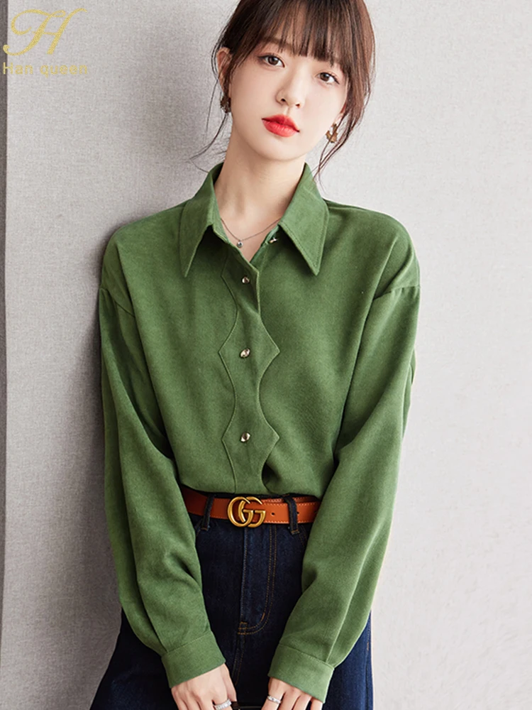 H Han Queen 2024 Autumn Elegant Single-Breasted Simple Oxford Cloth Blouse Womens Loose Casual Green Vintage Shirts Office Tops