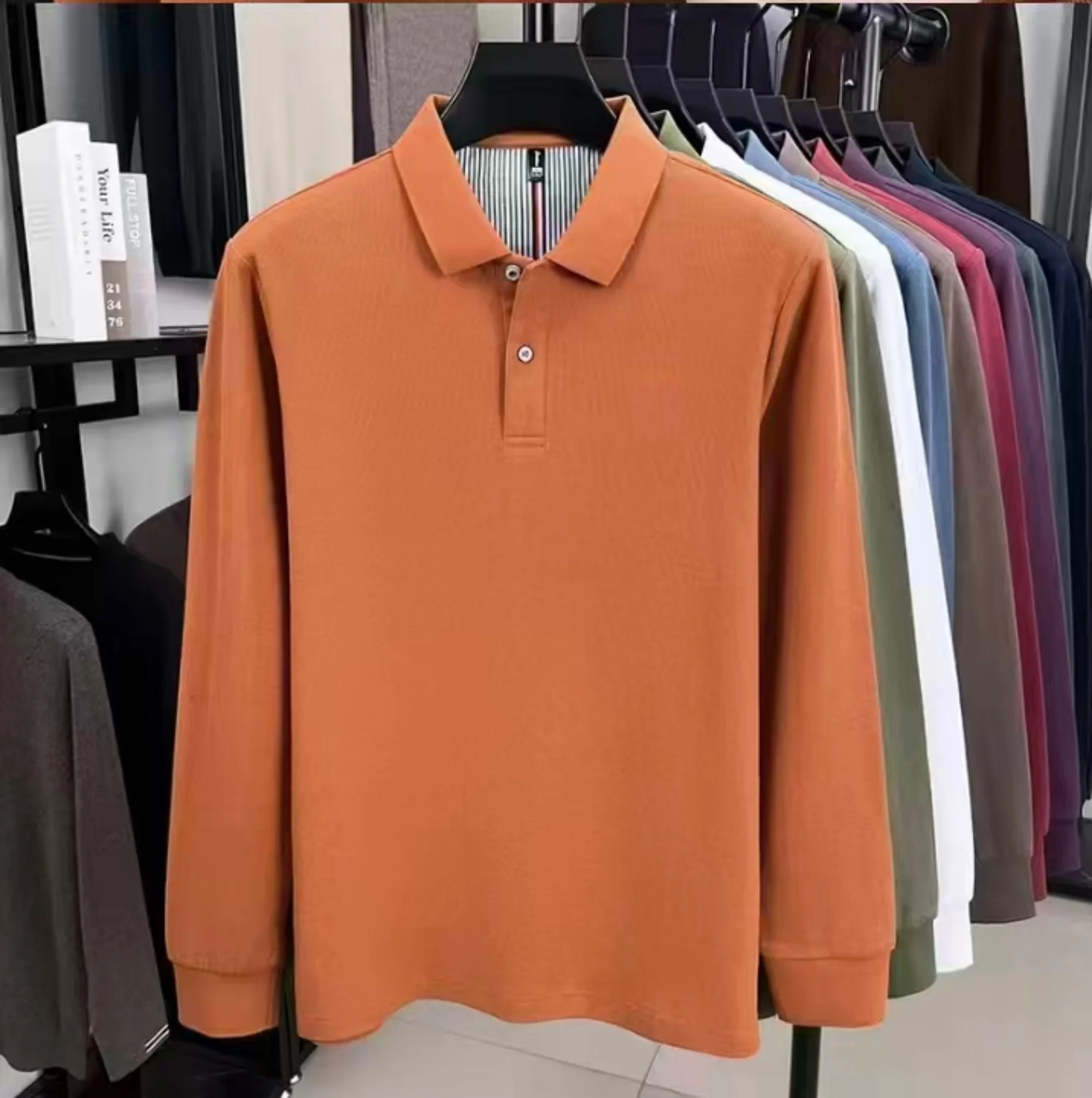 Hochwertiges Herren-Poloshirt aus reiner Baumwolle mit langen Ärmeln, exquisitem Luxuskragen, atmungsaktivem Komfortstoff, vielseitig für den Alltag geeignet. – Detail 9