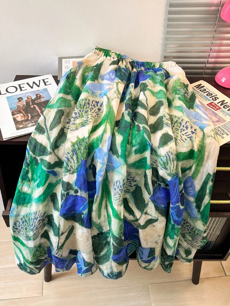 الراقية القنب طباعة ميدي تنورة المرأة أوائل الخريف مرونة عالية الخصر التخسيس الربيع الصيف ألف خط الكتان ثوب تنورة #1