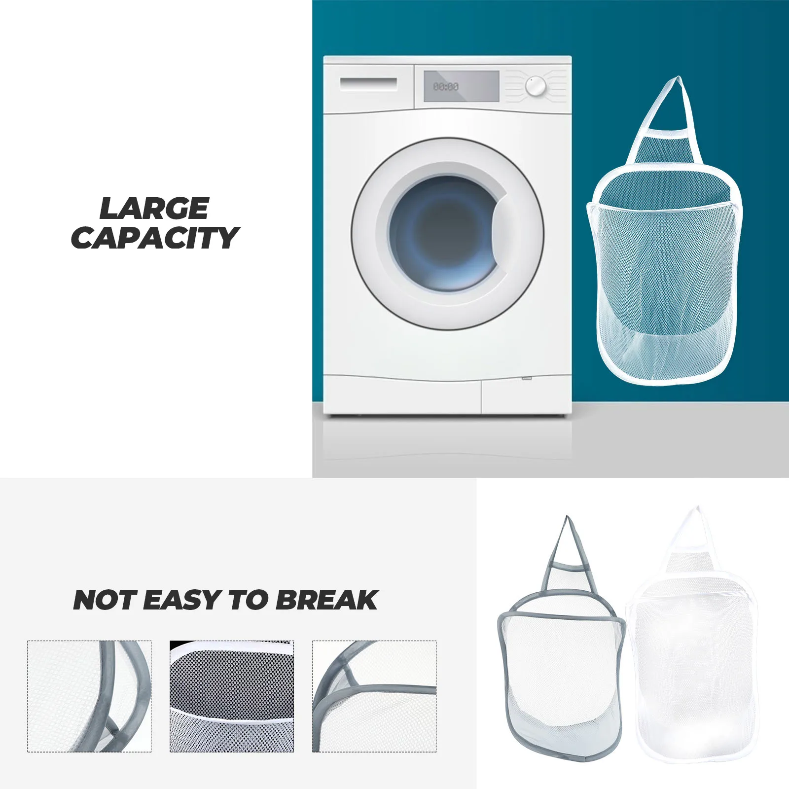 

2 Pcs Hanging Laundry Basket Steel Ring Foldable Storage Breathable Mesh Bathroom Clothes ganizer Cloth