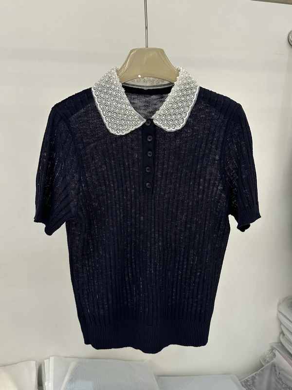 

Шикарная вязаная женская блузка с воротником-стойкой и коротким рукавом, приталенный топ в стиле Ins для офиса, весна-лето, дышащая и комфортная