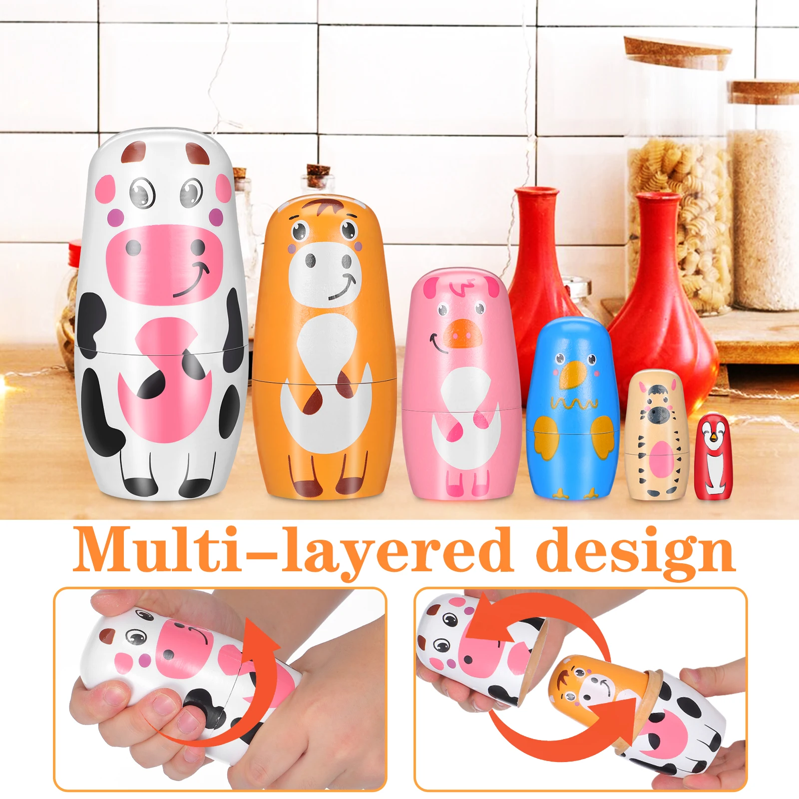 소 무늬 러시아 나무 마트료시카 1세트, 어린이 두뇌 발달용, 책상 장식, 홈 데코 공예품