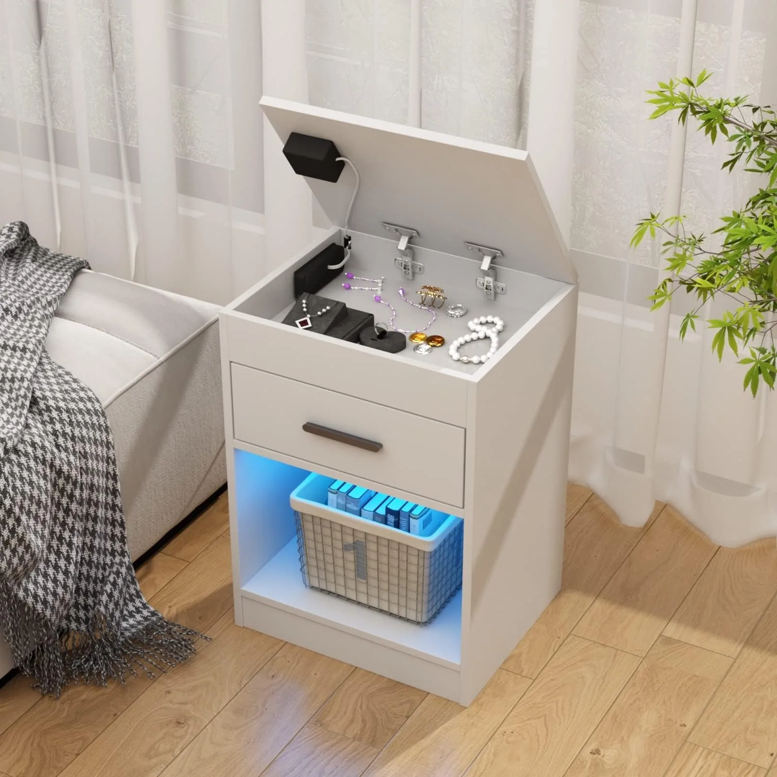 

Modern Smart Bedside Table LED Nightstand with Charging Station Electronic Lock Hidden Compartment