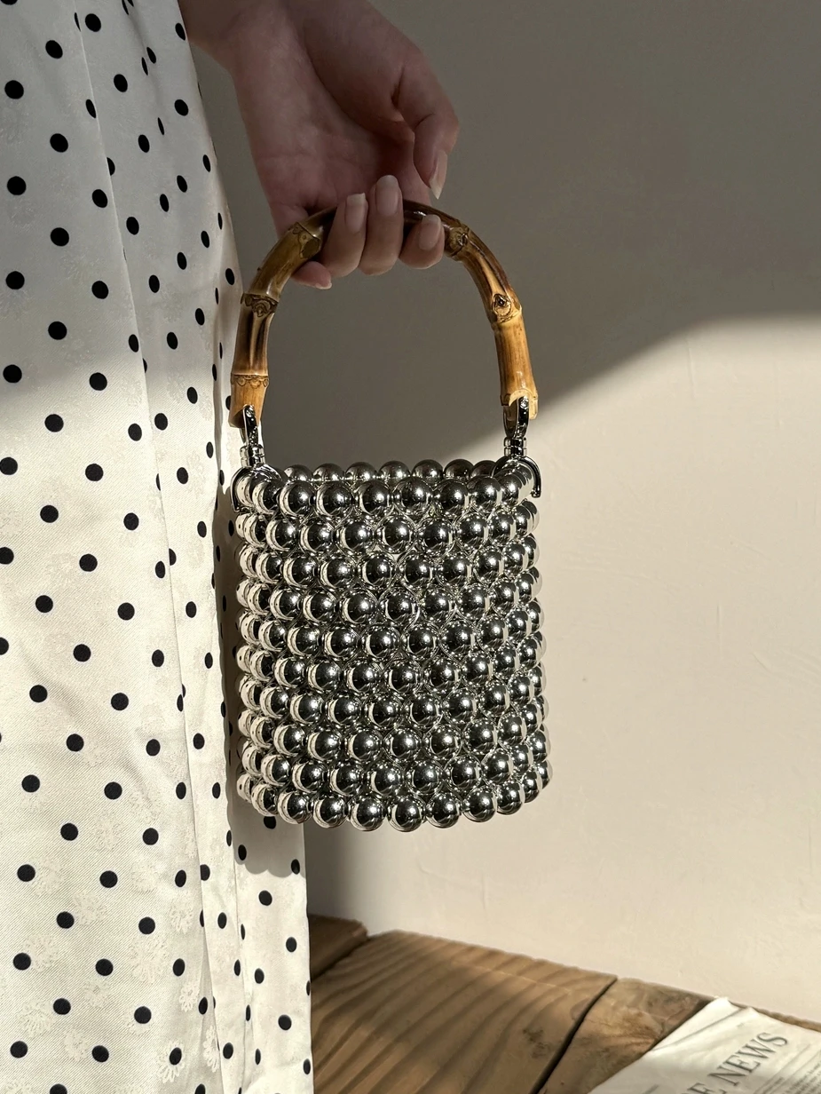 Women Handmde Bead Bag Circular Shape Beading Bucket Bag Bamboo Handle Clutch Wedding Bridal Ladies Handbag Party Evening Bag