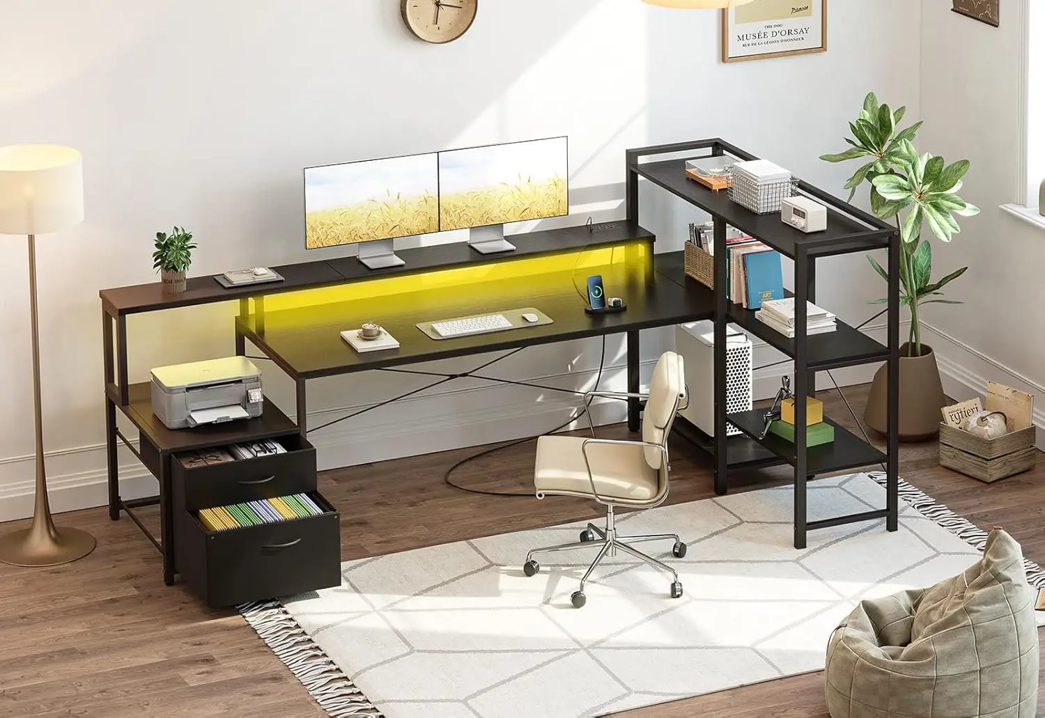 75 inch Computer Desk with Drawers, Reversible Home Office Gaming Corner Desk with LED Lights and Power Outlet File Cab