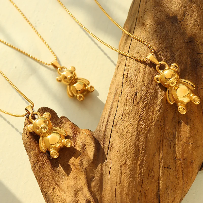 CARLIDANA Stainless Steel Gold Plated Teddy Bear Pendant Cute 3D Teddy Bear Hollow Pendant Charm Waterproof for DIY Jewelry