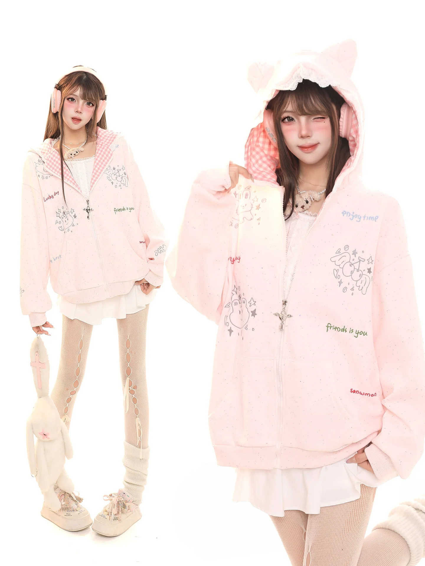 Casual Hooded Zipper Cardigan Women's Loose Fit Long Sleeve Thermal Sweatshirt with Plaid  College Style Spring Coat