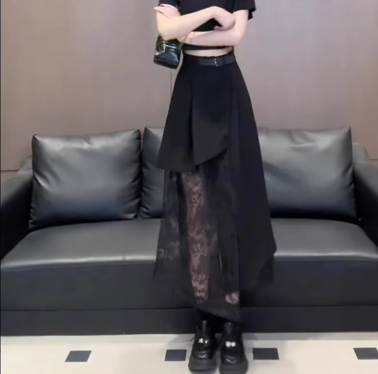 

Irregular lace patchwork skirt and black long skirt