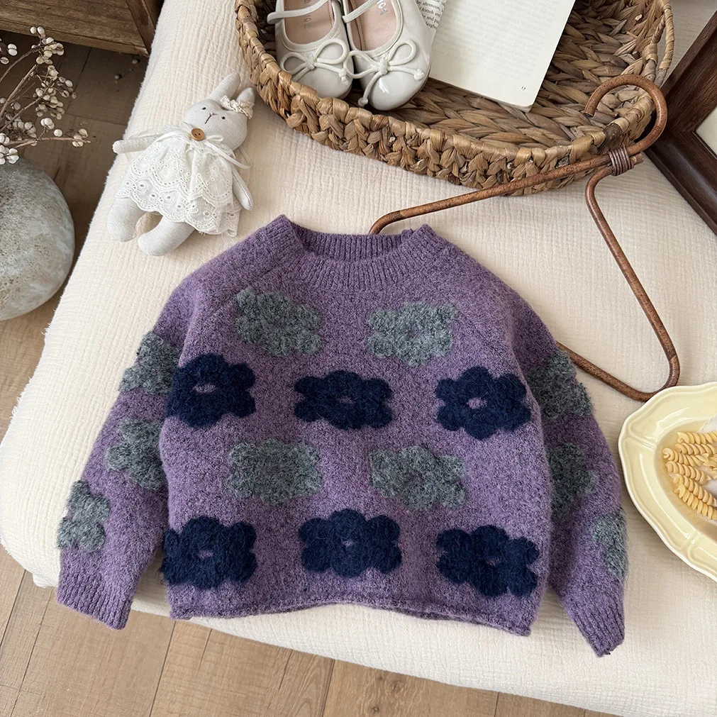 Baby Girls' Autumn purple Sweater Winter Korean Floral Round Neck Versatile Sweater Thick Knit Sweater Trendy Top