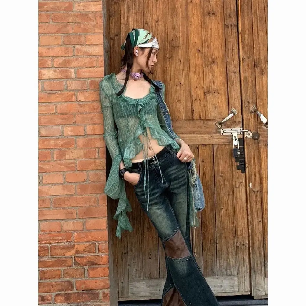 Hot Girl Ruffled Green Sun Protection Clothing for Women Summer New Style with Skirt and Shawl Cardigan Jacket Thin Blouse