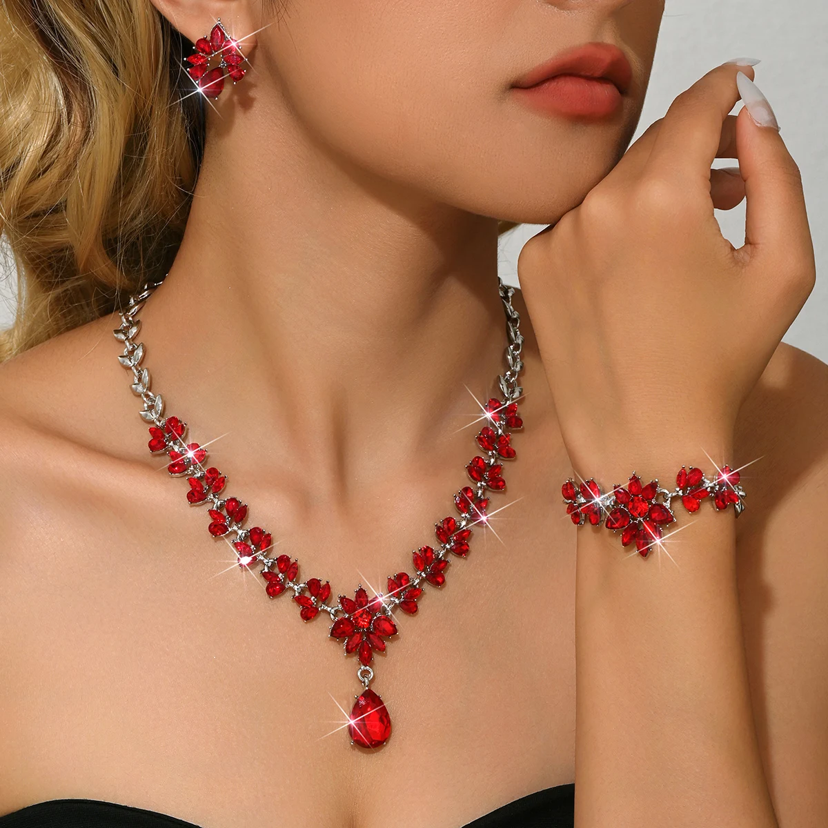 Fashion Flower Water Drop Necklace Earrings Bracelet Set New Year Wedding Accessories Shining Party Dance Dress Jewelry