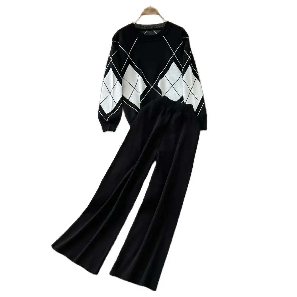 

2024 Panelled Knitted Sets Fashion Long Sleeve V Neck Tie Knitwear+Wide Leg Pant+Camis Women OL Sweater 2 Pieces Suits 2023