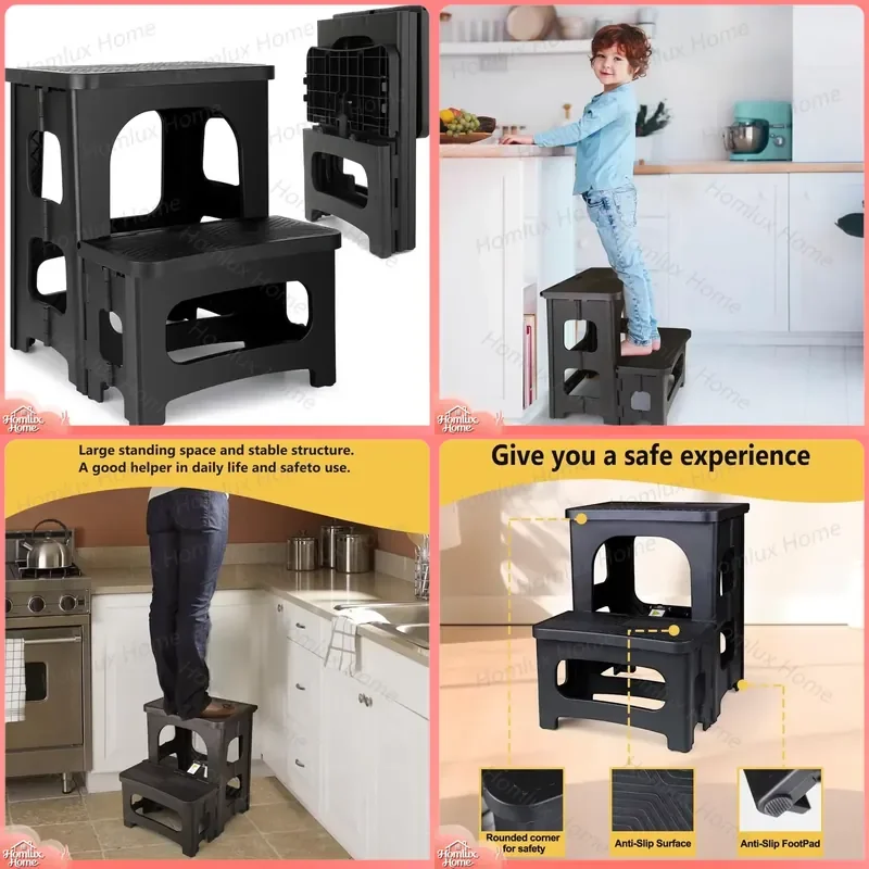 Durable Folding Two-Step Stool Anti-Slip Portable Footstool with 8 inch and 17 inch Adjustable Heights for Home Bathroom