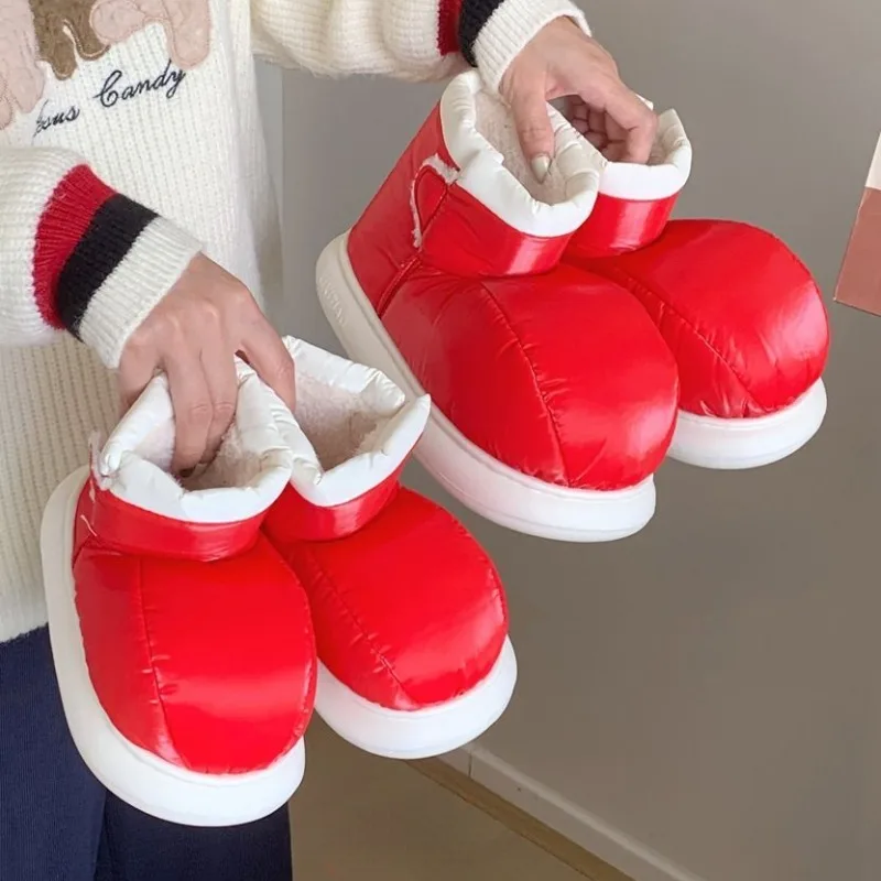 Cute Red Fleece Winter Boots Shoes for Women Ankle Short Plush Puffy Snow Boots Flats Platform House Shoes Fluffy Slippers New