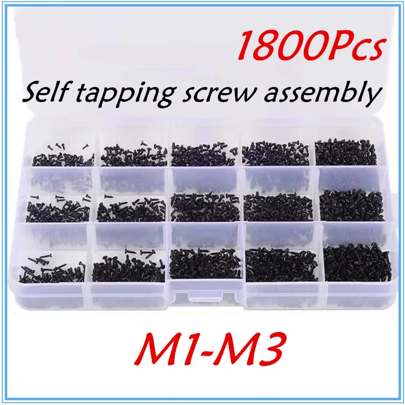 

450/1100/1800Pcs Wood Screws Laptop Tapping Set Box M1 M1.2 M1.4 M2 M2.3 M3 Black Steel Mini Micro Cross Round Pan Head Screws