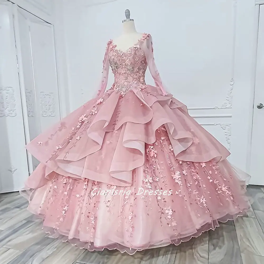 Pink Handmade Flowers Ruffles Ball Gown Quinceanera Dresses Long Sleeve Floral Appliques Lace Corset Sweet 15 Girls Party