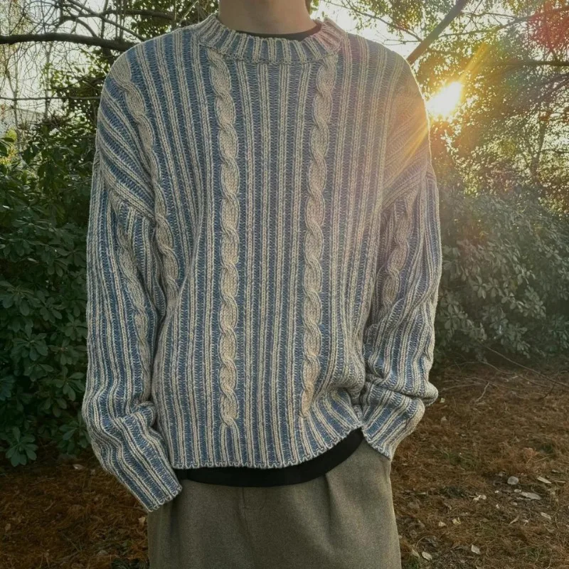 Niche Mixed Color Knitted Sweater Men Japanese Style Retro Striped Contrasting Round Neck Pullovers Couple Casual Losse Jumpers