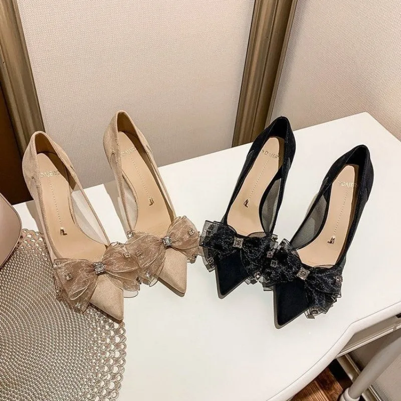 Bow knot Mesh yarn Slender heel High heels Women\'s shoes 2024 Spring & summer New Pointed tip Shallow Mouth Single shoe female