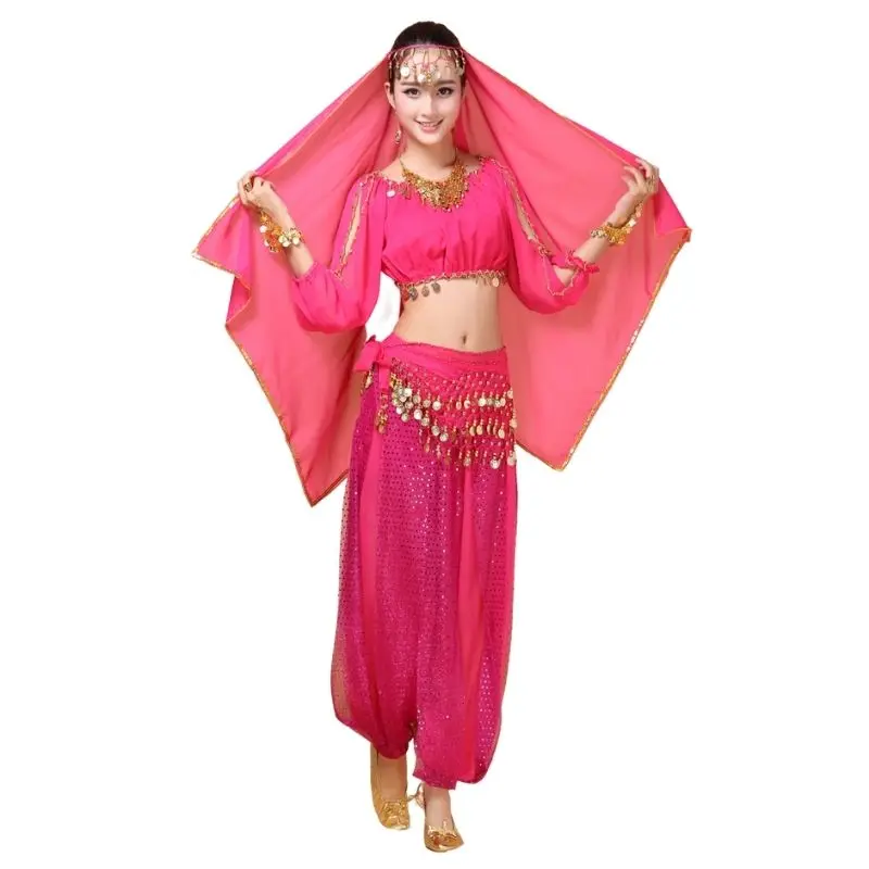 Traje de danza del vientre de gasa india para mujer, conjunto de danza del vientre de tela de 4 piezas M/L, Top, pantalón, cinturón y Diadema, 8 colores