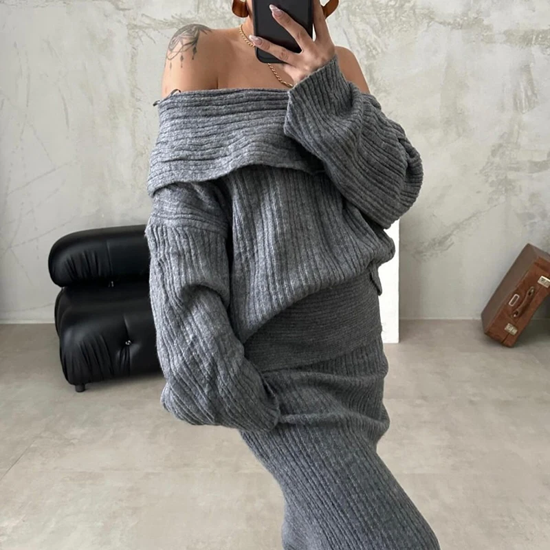 Casual Off Shoulder Sweater Top + Skirt 2 Piece Set Elegant Long Sleeved Slim Knitted Suit 2024 Autumn Winter Warm Women Outfit