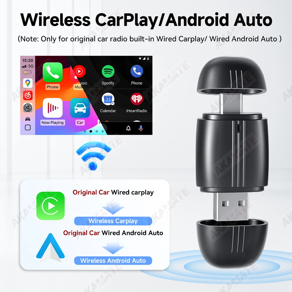 Dongle CarPlay Nirkabel 2 Dalam 1 untuk Mobil Asli dengan CarPlay Berkabel Ke Nirkabel Android Adaptor WIFI Bluetooth Antarmuka Ganda Otomatis
