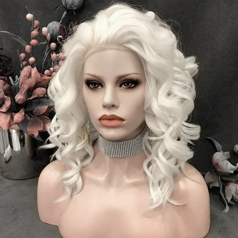 Celebrity 16inch white  Color Lace Front Wig Transparent Small Knots Pre-Plucked Synthetic Hair Wigs