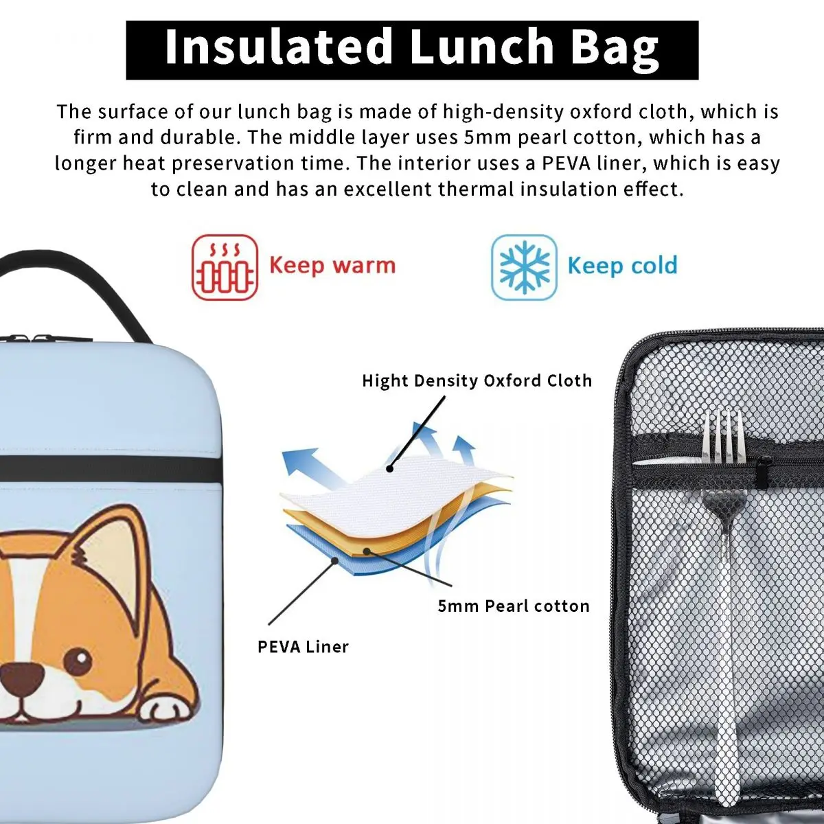 Corgi Puppy Lie Down In Blue Background Insulated Lunch Bag for Women Kids Portable Food Boxes Thermal Lunch Box Tote