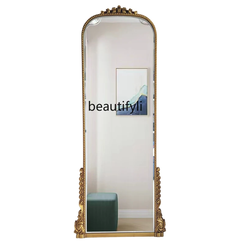 French Style Wall-Mounted Retro Full Body Mirror European Entry Lux Dressing Mirror Arch Floor Retro Full-Length Mirror Carved