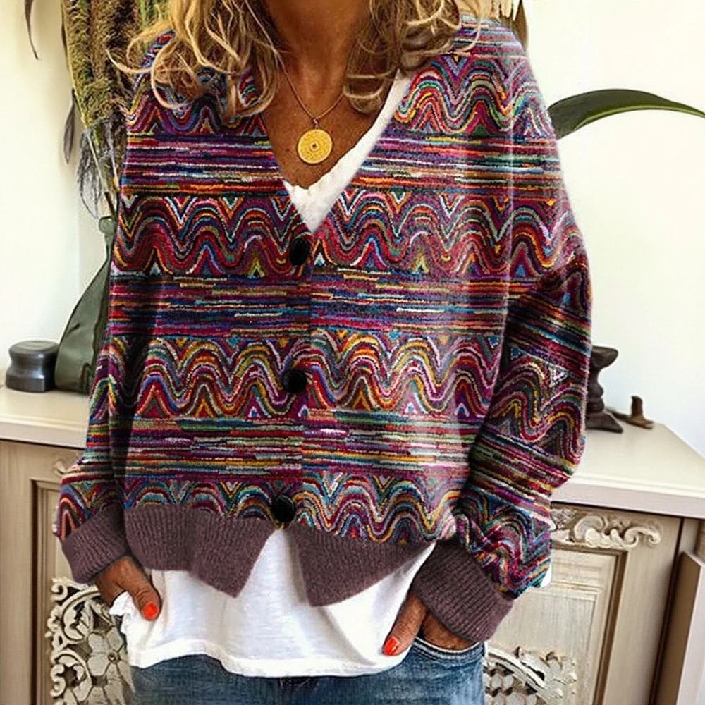 

Women's Printed Cardigan Soft Feel Casual Knitwear Fashion Style in Stock Sweater Jacket