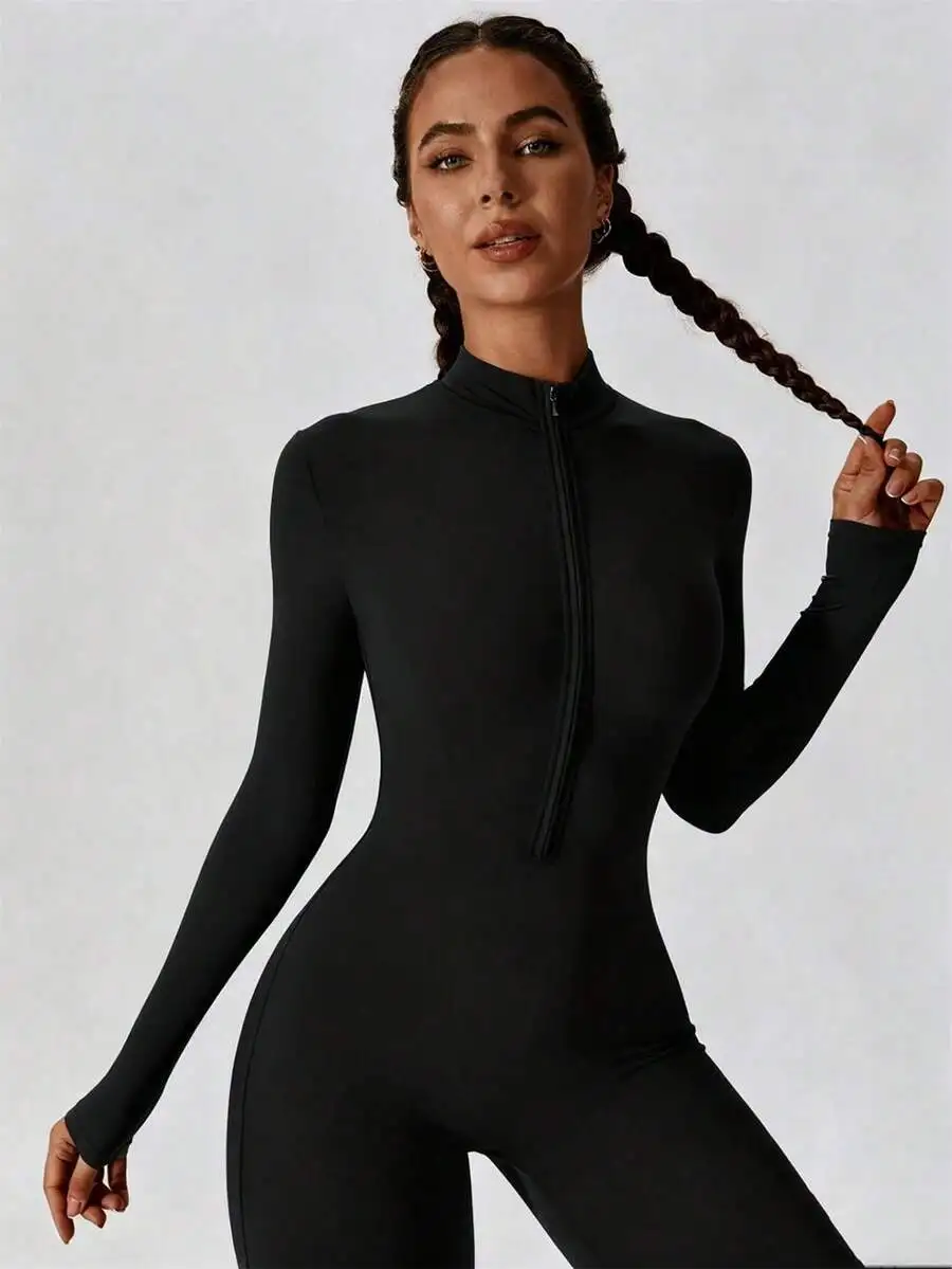 High Neck Half-Zip One-Piece Yoga Jumpsuit For Women, Long Sleeve Tummy Control & Butt Lifting Workout Bodysuit, Stretchy