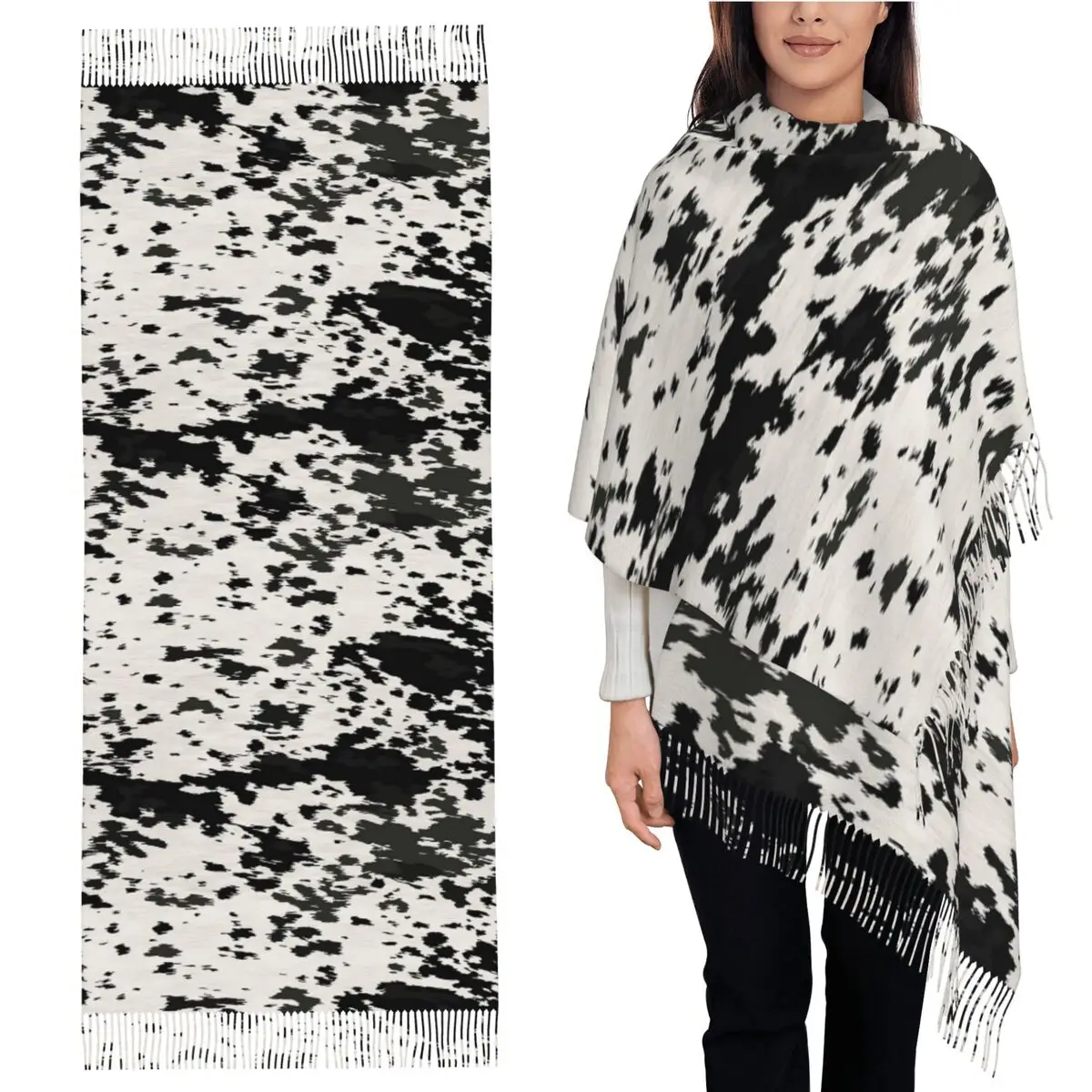 

Cow Hide Black And White Scarf Tassel Scarves Women Soft Warm Shawls and Wraps Large Fall Winter Shawl Wrap