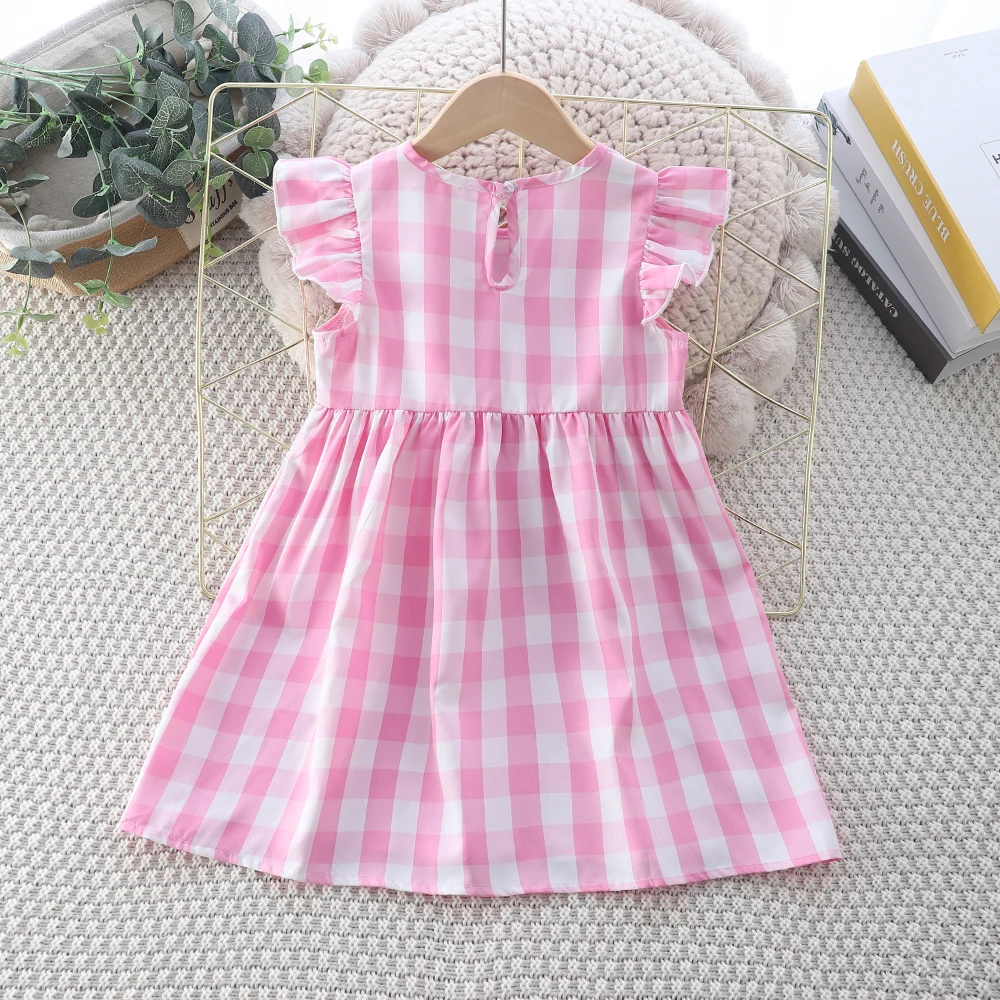 Summer Girl Clothes Pink Check Girls Dress Flying Sleeve Bowknot Casual Wear Children\'s Costume for 2-6Y 8 sold