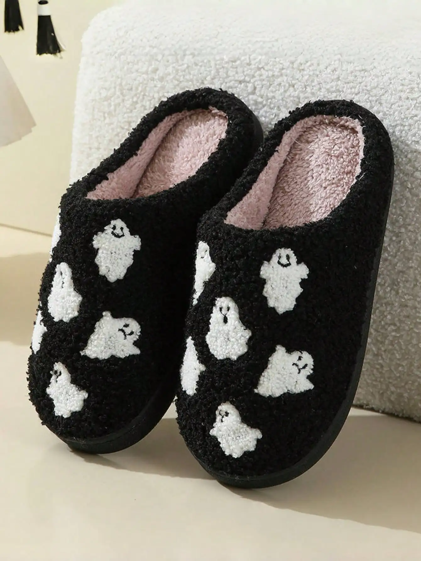 Halloween Ghost-Patterned Warm Indoor Couple Cotton Slippers for Men and Women