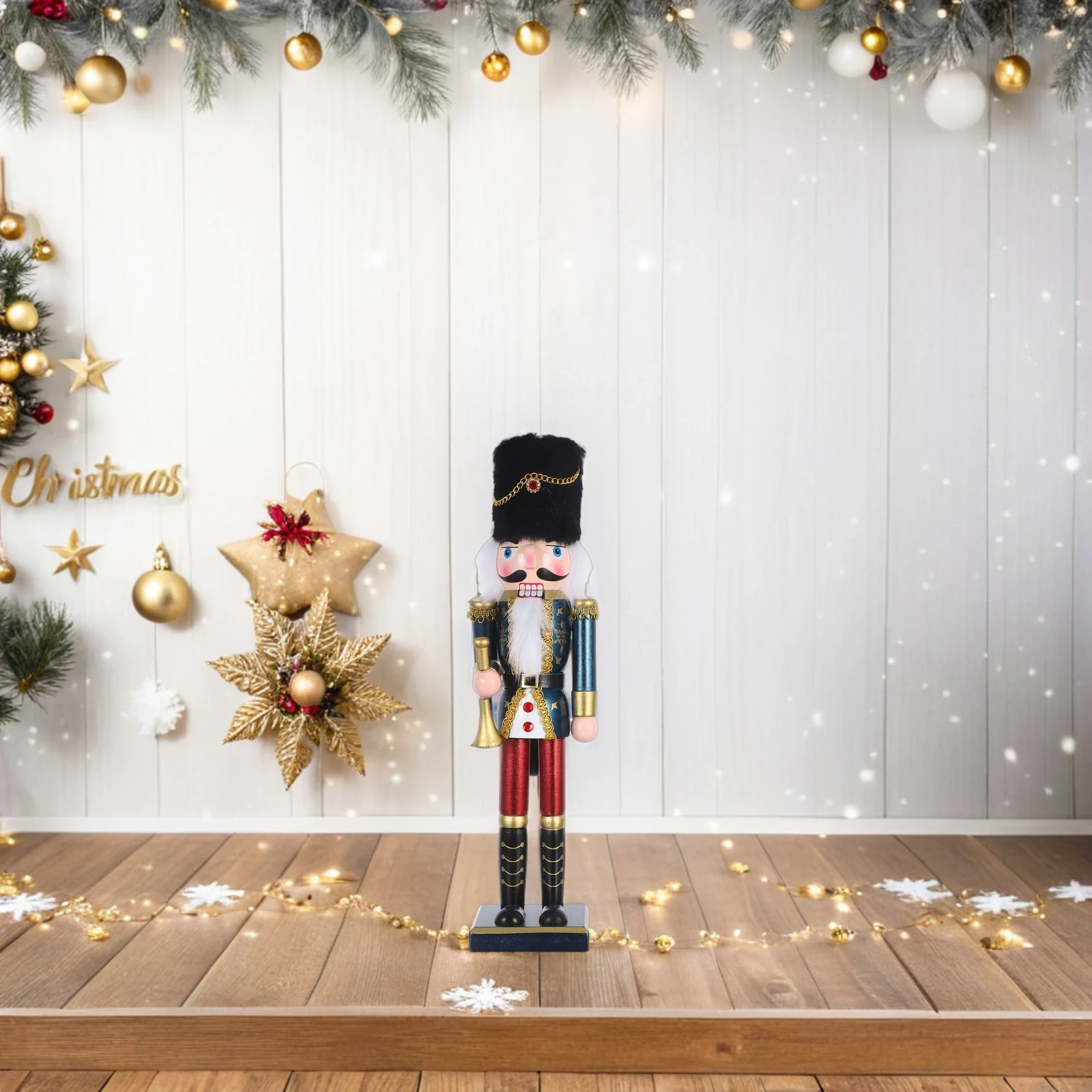 

38Cm Large Wooden Nutcracker King Pearlescent Christmas Decoration For Home Hotel Centerpiece Festive Holiday Figure