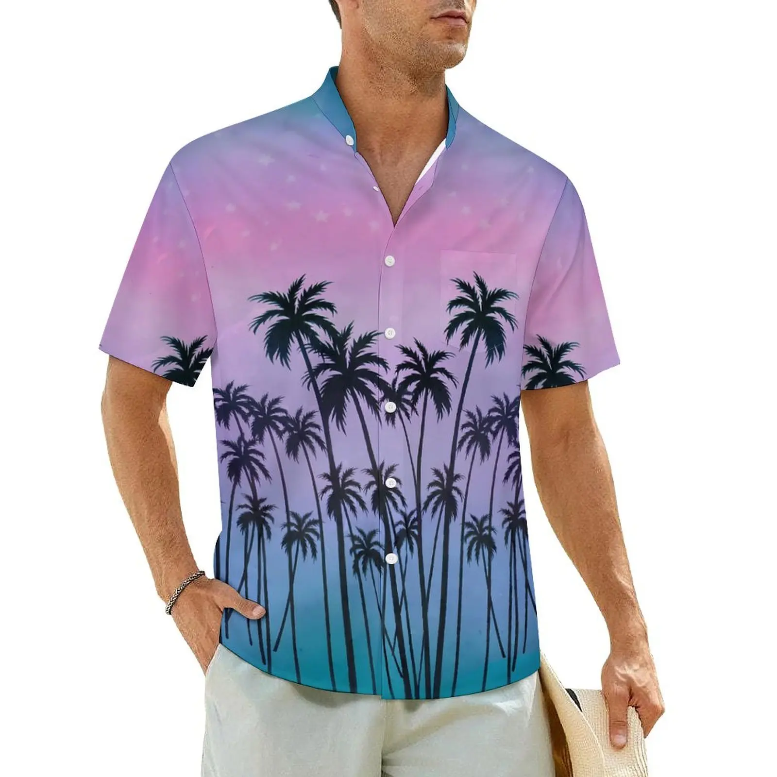 

Purple Palm Trees Vacation Shirt Beach Sunset Hawaiian Casual Shirts Men Vintage Blouses Short Sleeve Stylish Design Tops