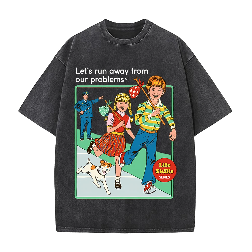 Dark Comics Let's Run Away From Our Problems T-shirt  Vintage Washed T Shirt Men Clothing Short Sleeve Cotton Tees Tops Clothes