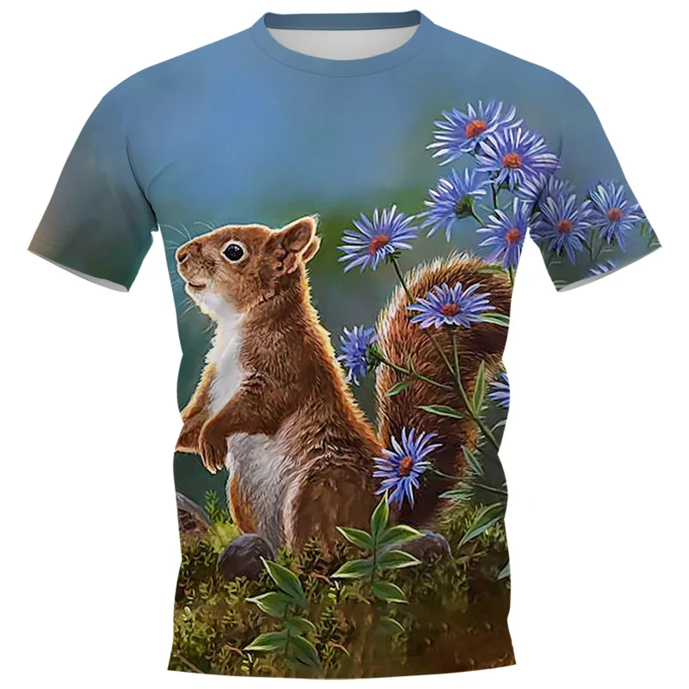 HX Fashion Animal T-shirts Funny Cute Squirrel Blue Daisy 3D Printed Tees Summer Short Sleeve Casual Shirts Harajuku TShirts