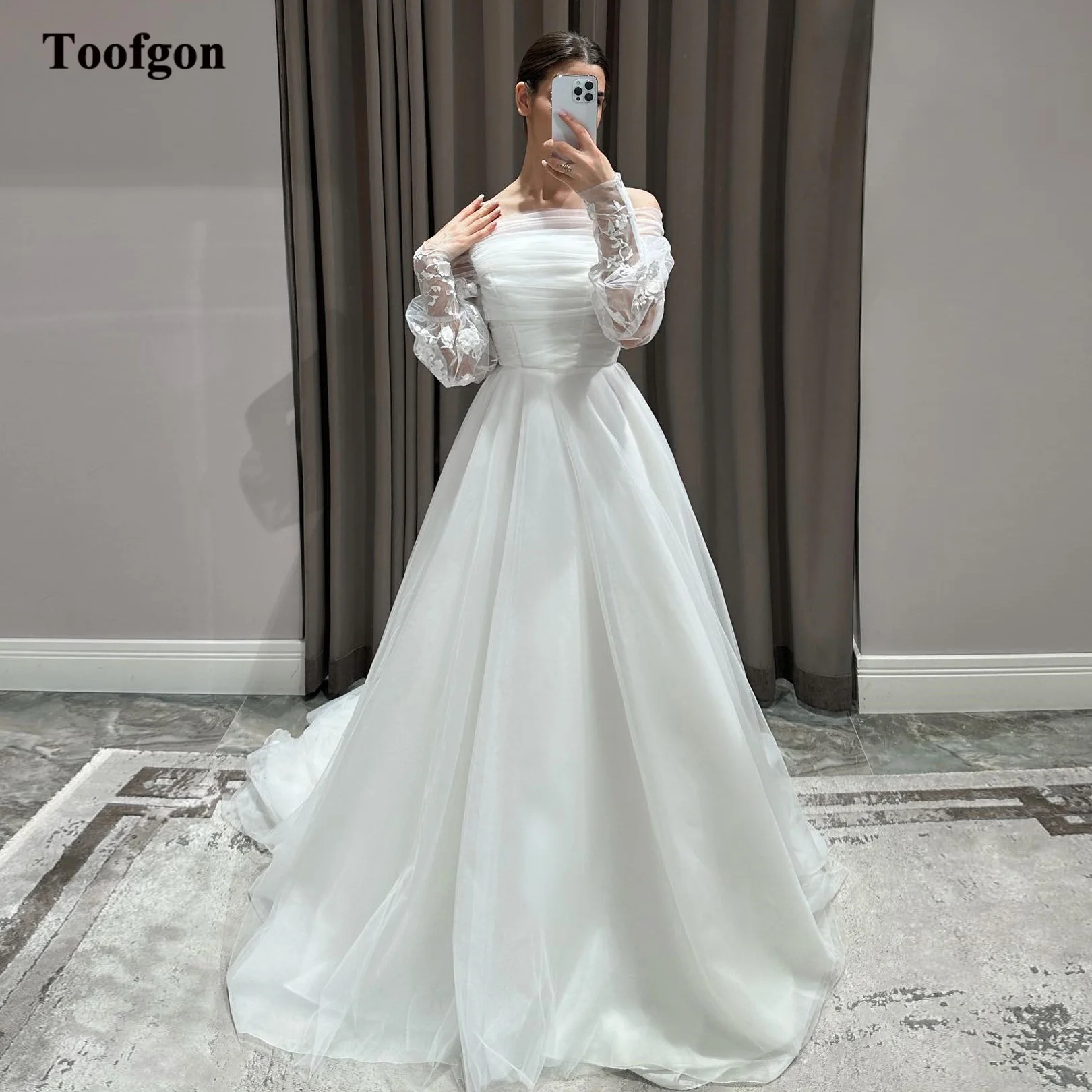 

Toofgon Long Cap Sleeves Appliques Lace Wedding Dresses For Woman A Line Formal Boho Wedding Party Gowns Countyside Bride Dress