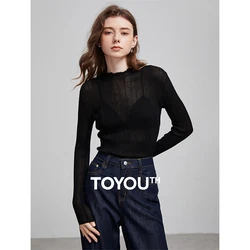 TOYOUTH Women Knitted Shirt 2025 Spring New Ruff Collar Turtleneck Linen Slim Fit Bottom Pullover Tops