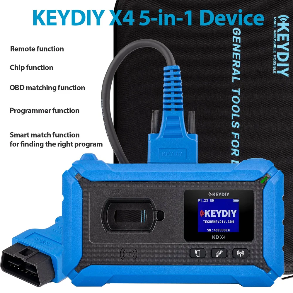 

Программатор ключей KEYDIY KD-X4 5-в-1 объединяет функции KD Max, KD Mate и KD Mini Prog, поддерживает MQB, MLB, BMW, BDC2, BDC3, IMMO.