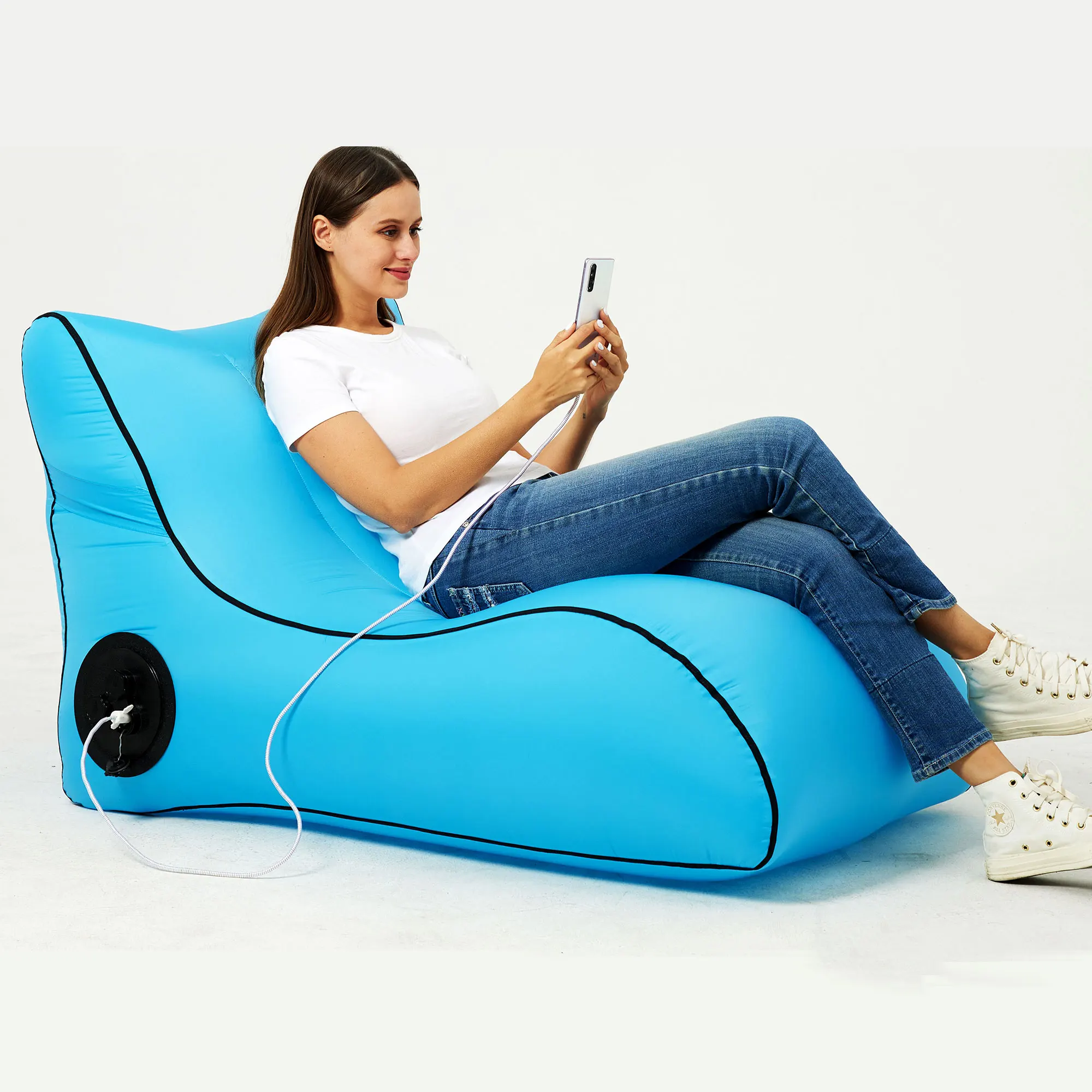 Inflatable Lounger Portable Rechargeable Nylon Automatic Air Bed Outdoor Beanbag Lakeside Beach Chairs
