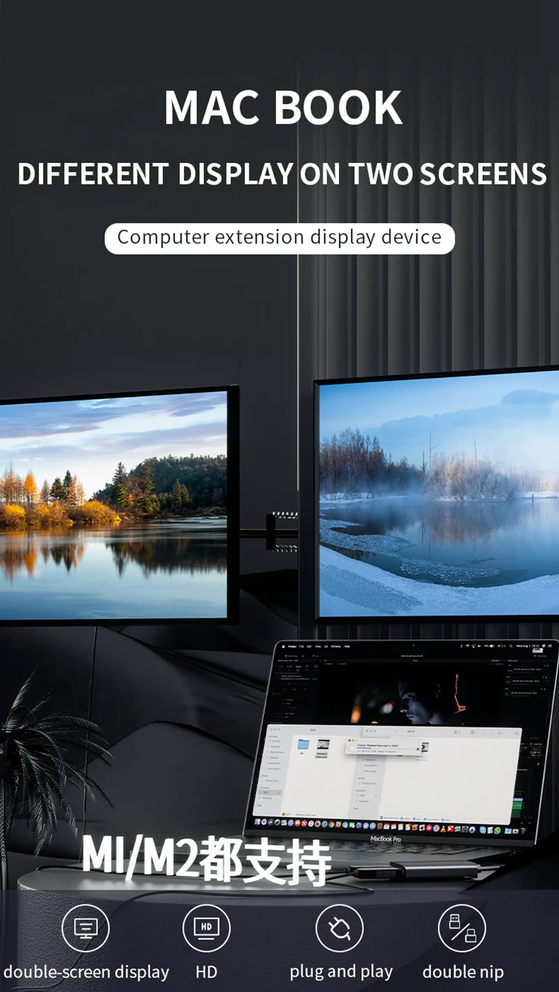 For Macebook M1/M2 Computer Extension Display on two screen USB C Multiport adapter USB Type C To HDMI-compatible Dual Dock