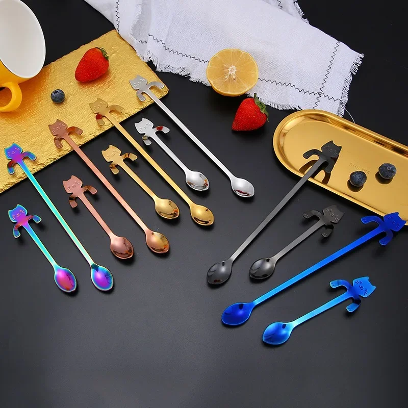 New Portable Cartoon Cat Handle Stainless Steel Coffee Tea Hanging Spoon Kitchen Supplies for Coffee Tea Ice Cream Sundae
