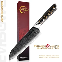 Grandsharp 7 Inch Santoku Knife 67 layers 10Cr15CoMov Damascus Steel Carbon Fiber& Gold-Foil Decoration Resin Handle Cook Cutter