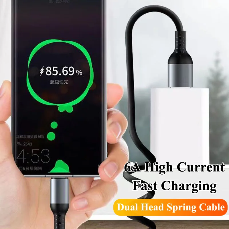 6A Cable Fast Charging Spring Pull Telescopic Cord 100W Type C To Type C for Samsung Xiaomi Oppo Huawei Usb C Car Charger Cable