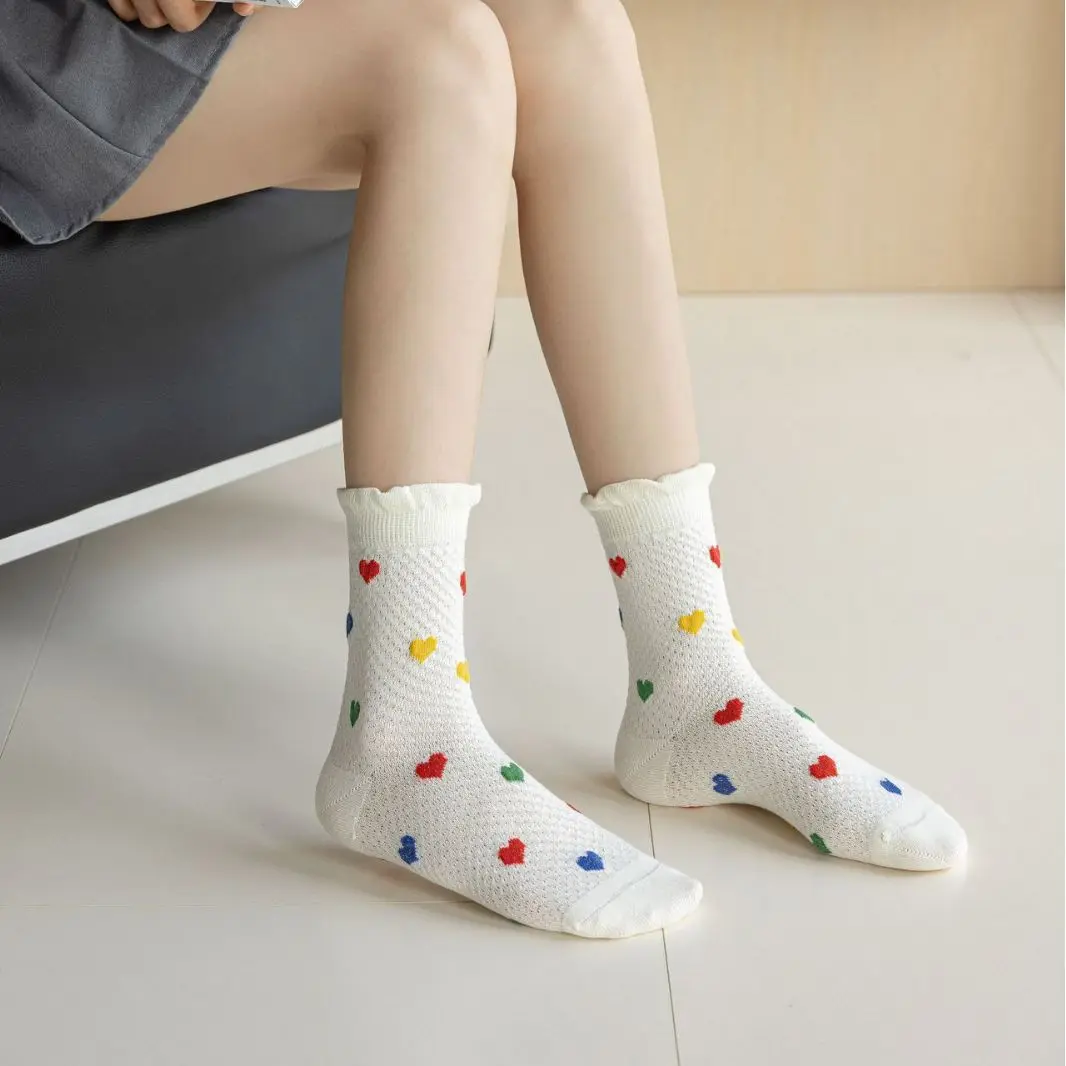Vrouwen Sokken Herfst Winter Mid-tube Cartoon Beer Liefde Print Sokken Polka Dot Leuke Kawaii Harajuku Witte Kousen Kant ruche Sok