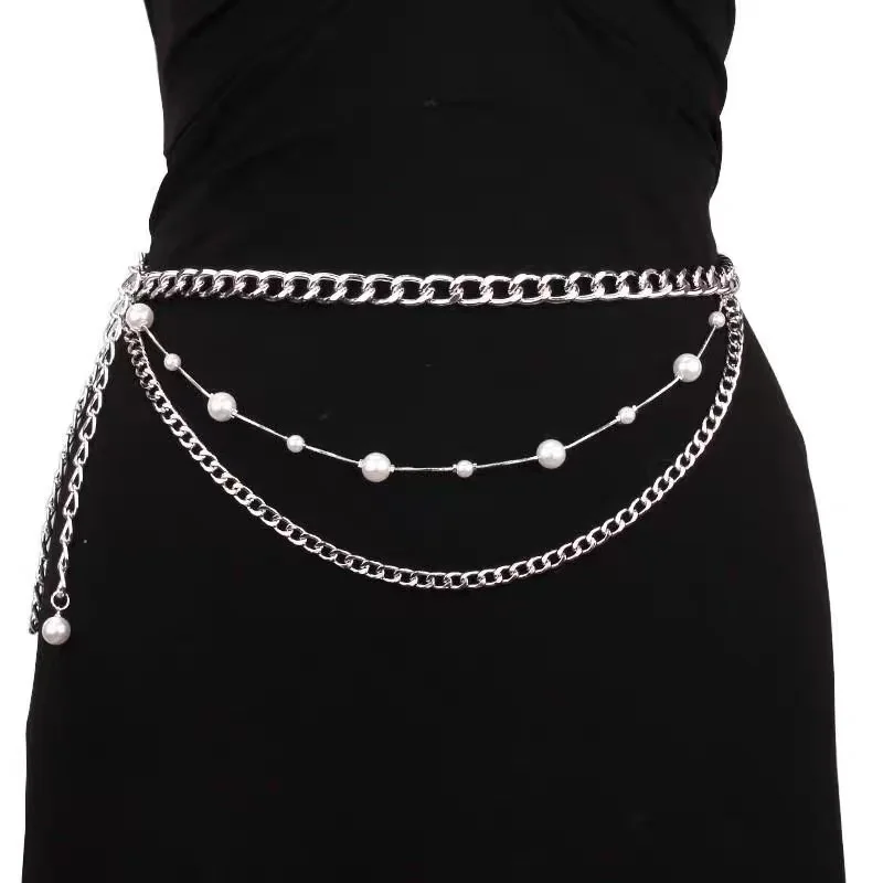 Simple Gold and Silver Multi-layer Waist Chain Body Chain for Women Casual Imitation Pearl Beaded Waist Chain Belt