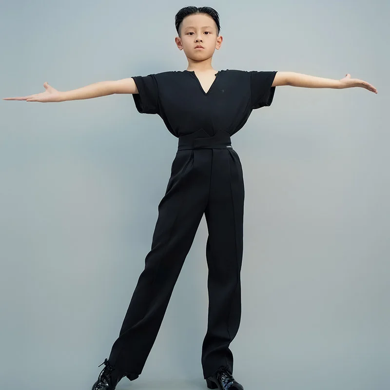 Latin Dancewear Top Boys Black Loose Short Sleeve Tops Pants Set Rumba Cha Cha Performance Wear White Training Clothes VDL3606