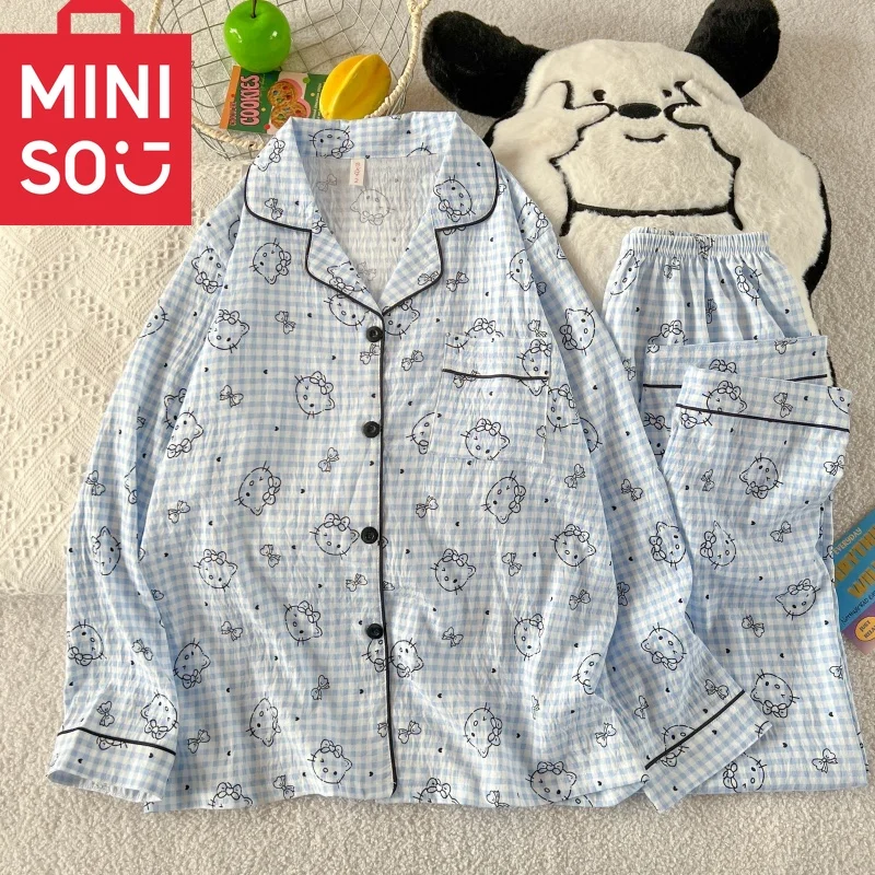 مرحبا كيتي بيجامة مجموعة النساء الخريف الشتاء جديد الراحة Y2K لطيف Kawaii منقوشة المتسكعون 2 قطعة طويلة الأكمام السراويل العليا ملابس خاصة #2